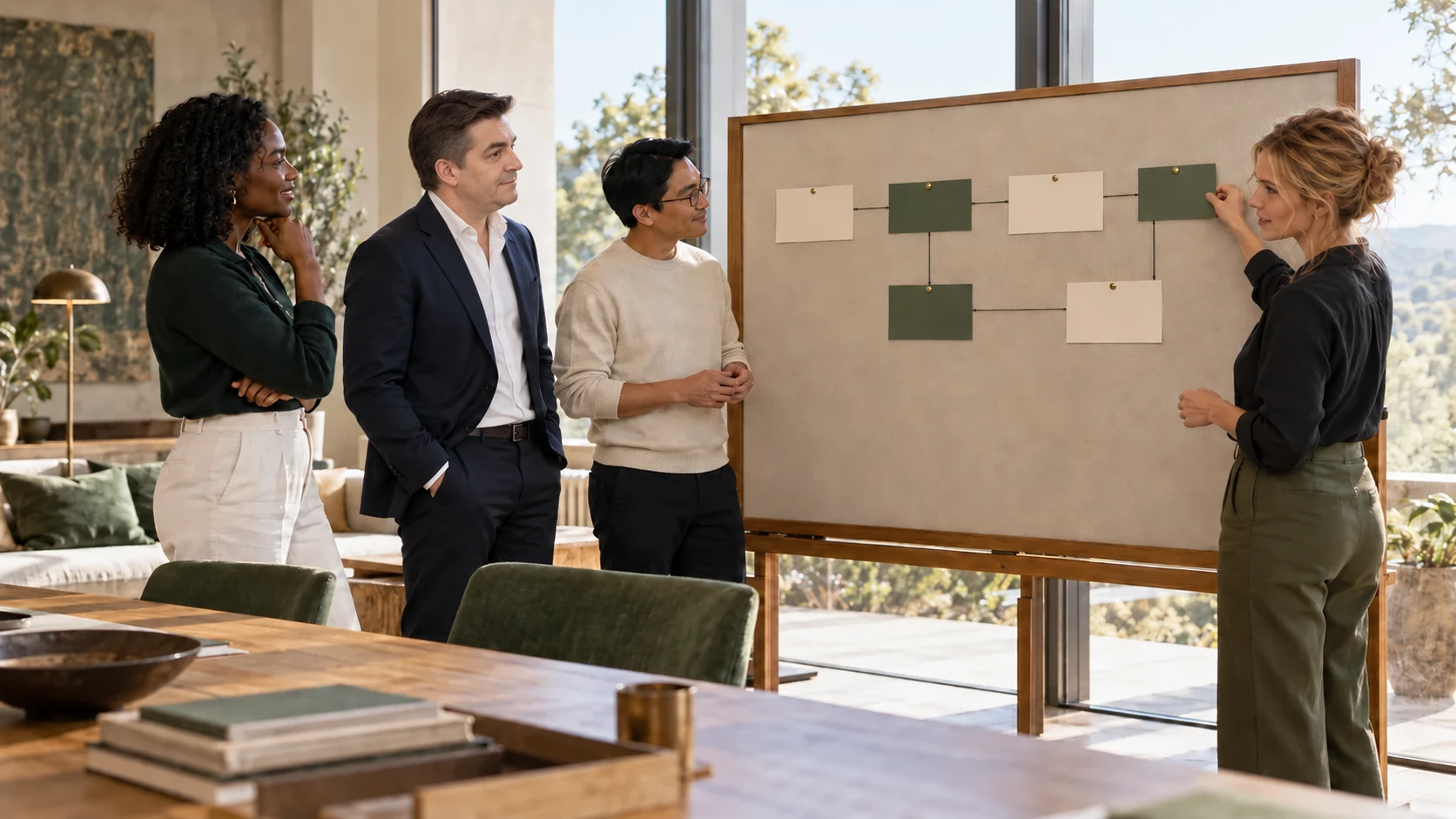 Illustrative scene based on supplied likeness references: Kunter and Lumina review a connected proposal with colleagues at a physical board.